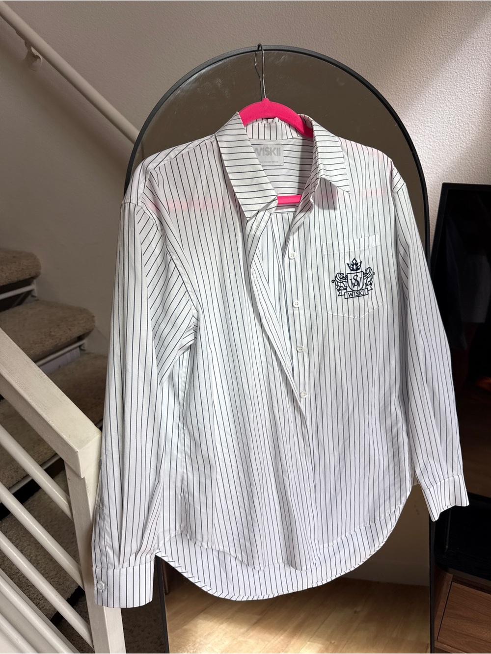 Classic White Pinstripe Button-Down Shirt with Crest